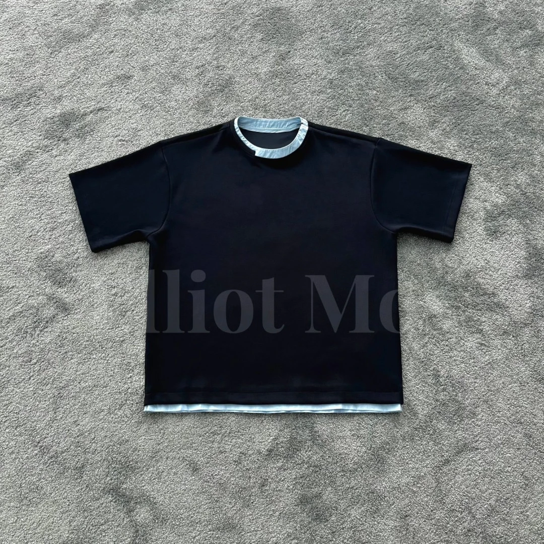 Elliot Mos单肩隐形拉链设计~T-Shirt 260g假两件撞色T恤-1163