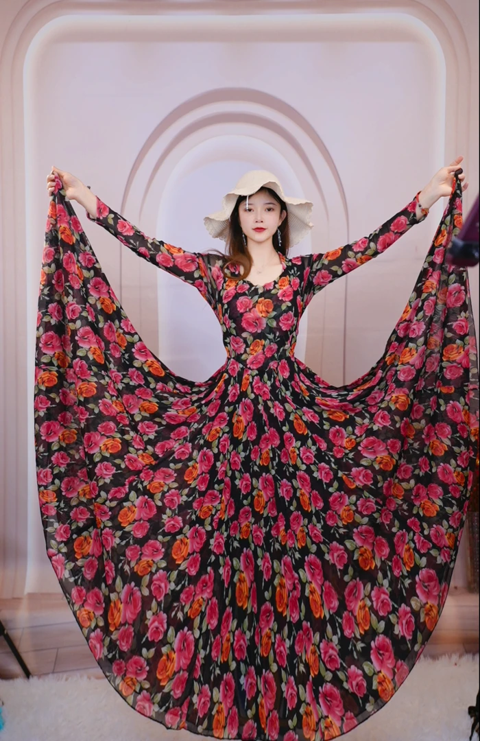新款连衣裙花开半夏时尚百搭修身气质720长袖优雅飘逸
