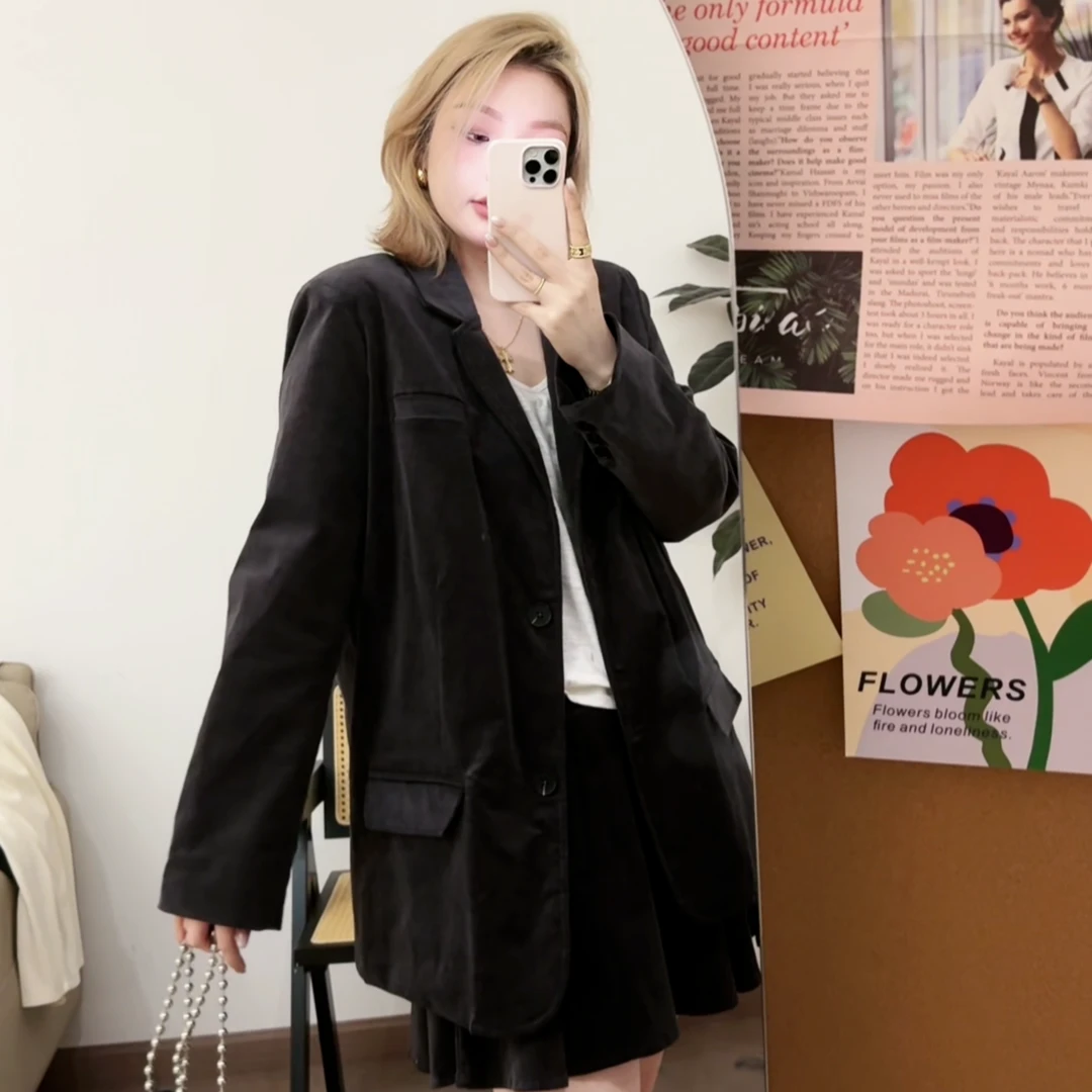 【瘦瘦】春秋大码深灰色韩版小西装百褶裙套装精致宽松复古S0435