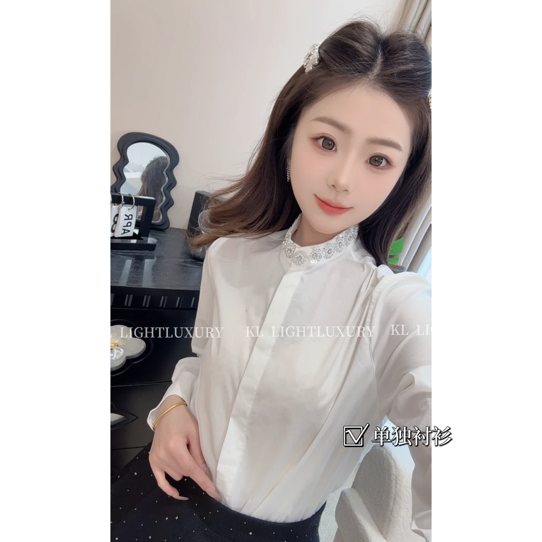 【花房日记】千金风花朵手工珠片轻奢衬衫S0105