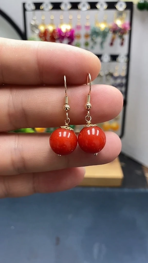 银S925镀金镶嵌南红玛瑙耳饰尺寸12mmC2