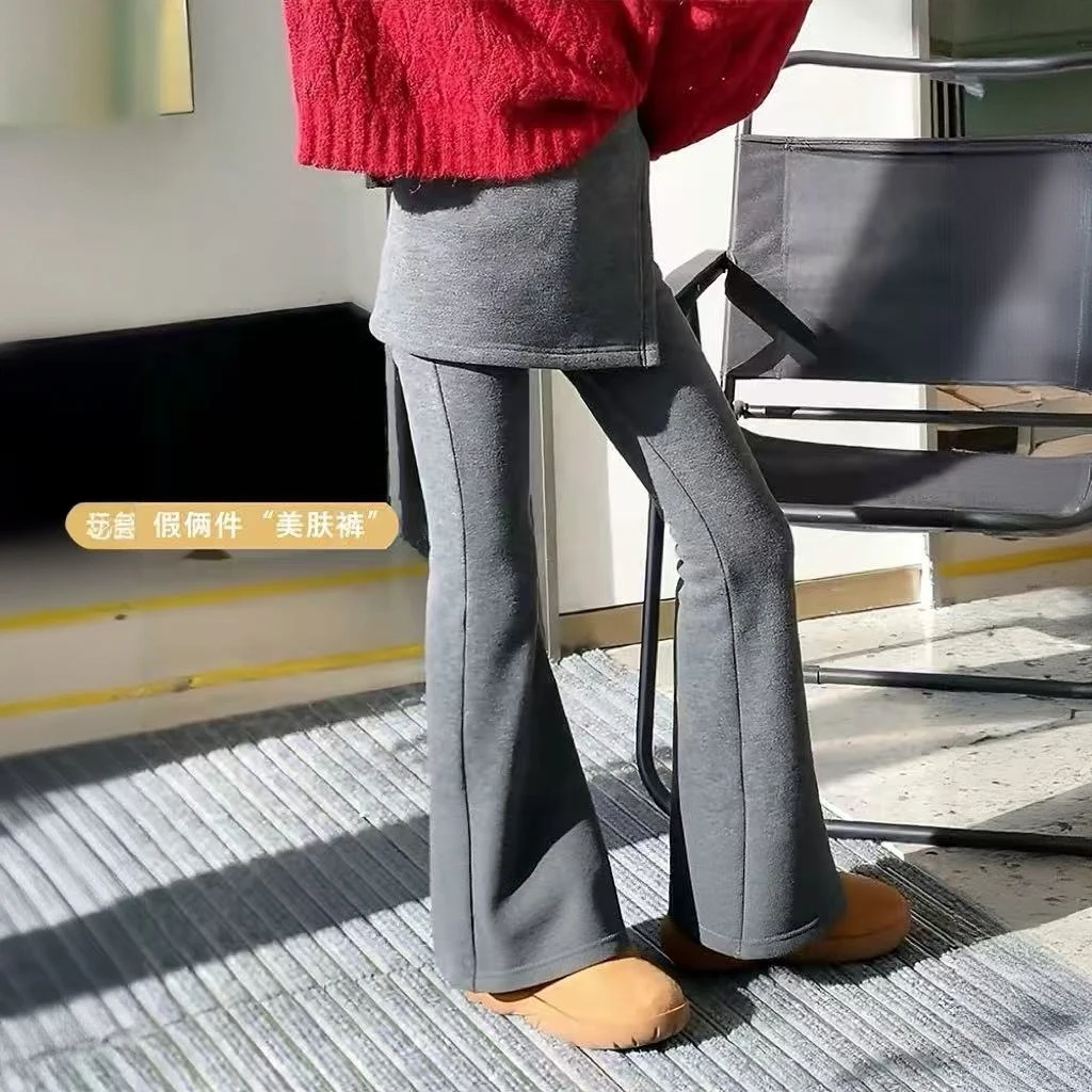 2024冬新款女童加绒喇叭裤秋冬假两件裤子韩版修身长裤255073