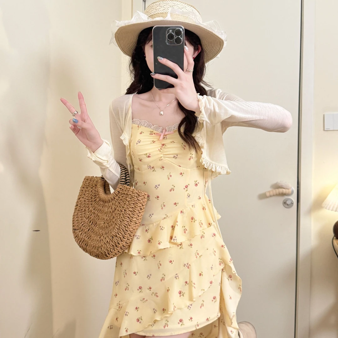 紫雾甜心黄 织物猪原创 不规则拖尾吊带连衣裙紫色开衫碎花女夏