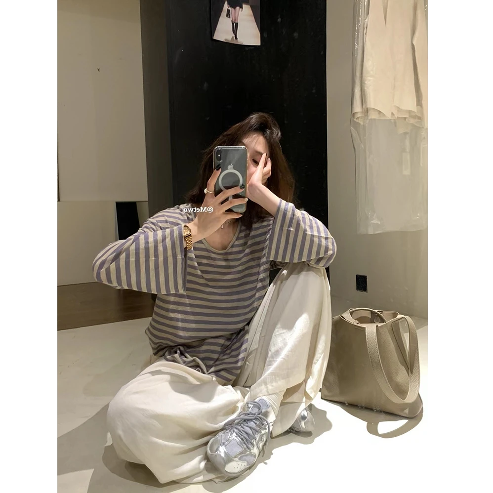 软!薄!透气防晒罩衫T宽松条纹上衣夏季休闲简约圆领韩系慵懒风
