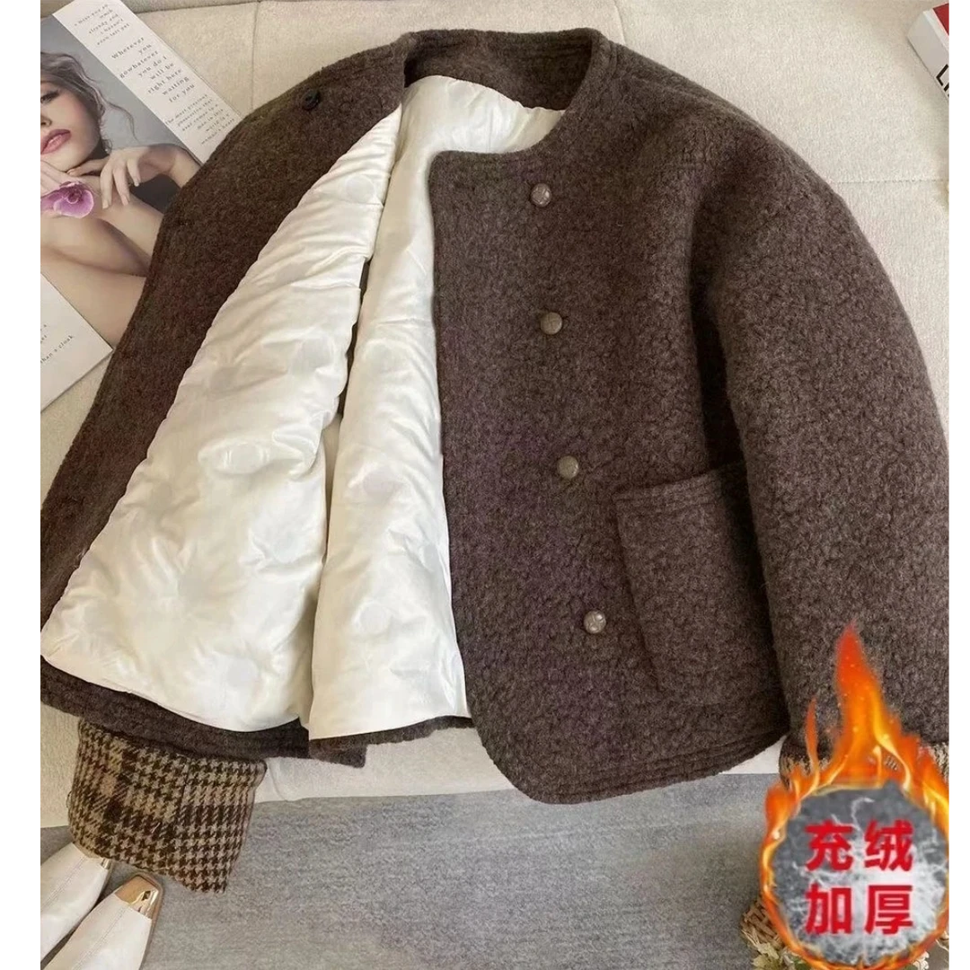 【当天发+运费险】咖色充绒小香风外套时尚保暖高级感双排扣款Q253