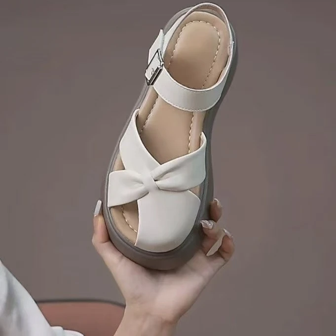 时尚百搭休闲夏季外穿一字扣镂空女士罗马鞋舒适软底学生厚底真皮