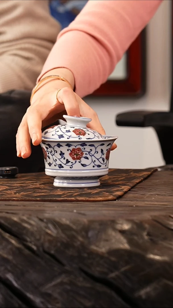 瓷瓷姑娘玥宝斋全青花釉里红马蹄盖碗