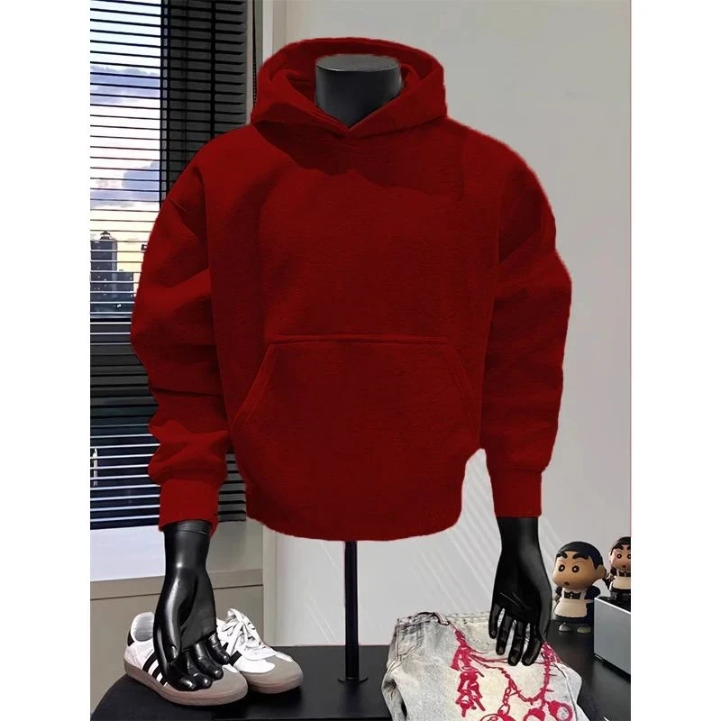 重磅深酒红色卫衣潮牌高级感男生入冬厚外套加绒美式休闲连帽上衣