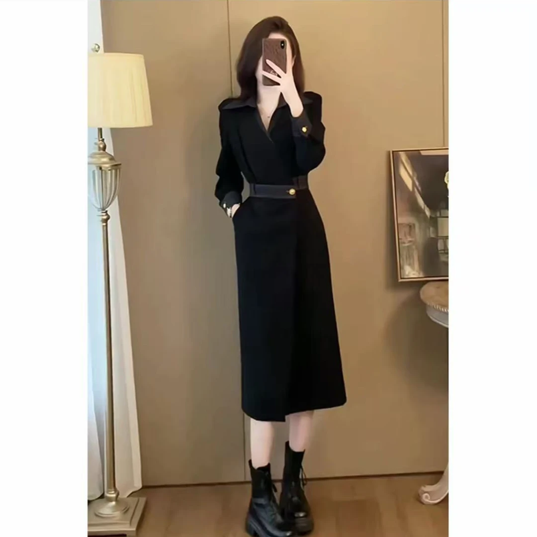 秋春赫本风高知穿搭大方得体的黑裙显瘦收腰长袖连衣裙子女长裙