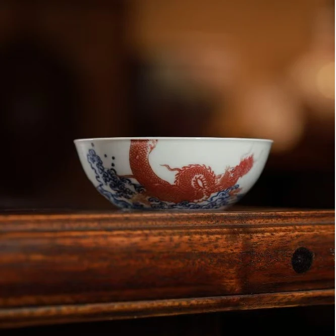 勤义堂青花釉里红双龙普洱杯纯手工手绘复古名窑陶瓷龙纹主人杯