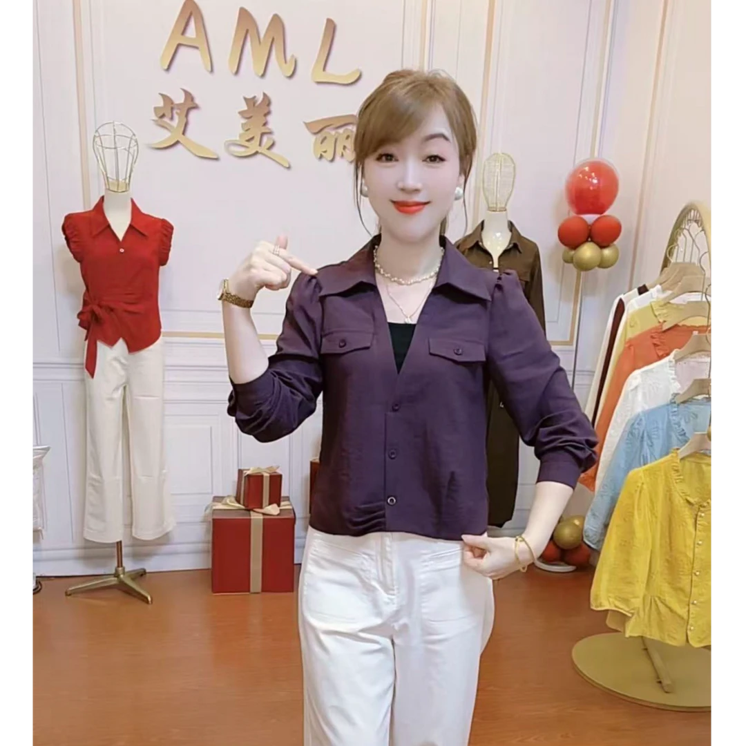 AML5 撞色拼接假两件早秋新款时尚百搭甜美遮肚显瘦短款气质衬衫