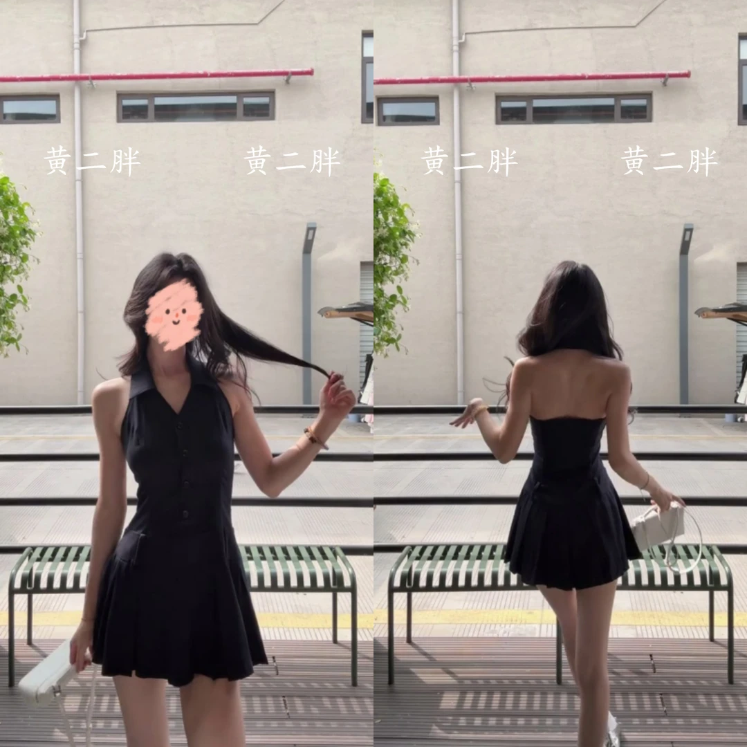 复古辣妹露背翻领连衣裙女时尚气质无袖背心裙2025夏季新款短裙子