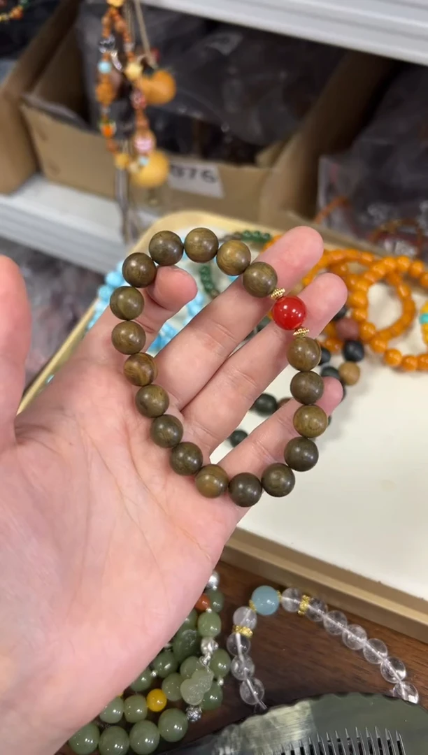 未镶嵌维腊木（绿檀）手串绿檀木柿子红玛瑙手串[0810]