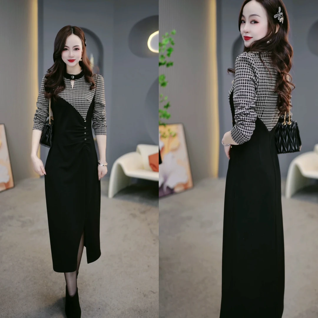 2024秋冬新款复古格纹拼接设计显瘦开叉中长款连衣裙M-4XL