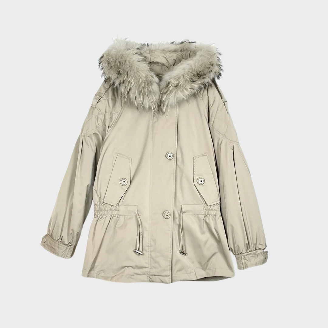 时髦主义冬季宽松保暖抽绳收腰毛领工装派克服