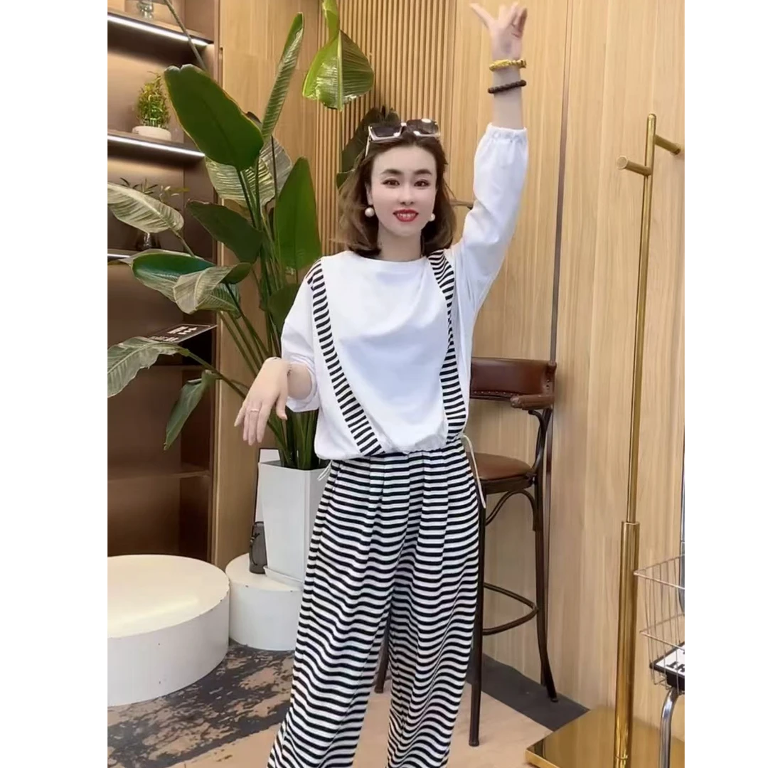 时尚休闲套装女2025早秋新款韩版宽松显瘦条纹洋气减龄运动两件套