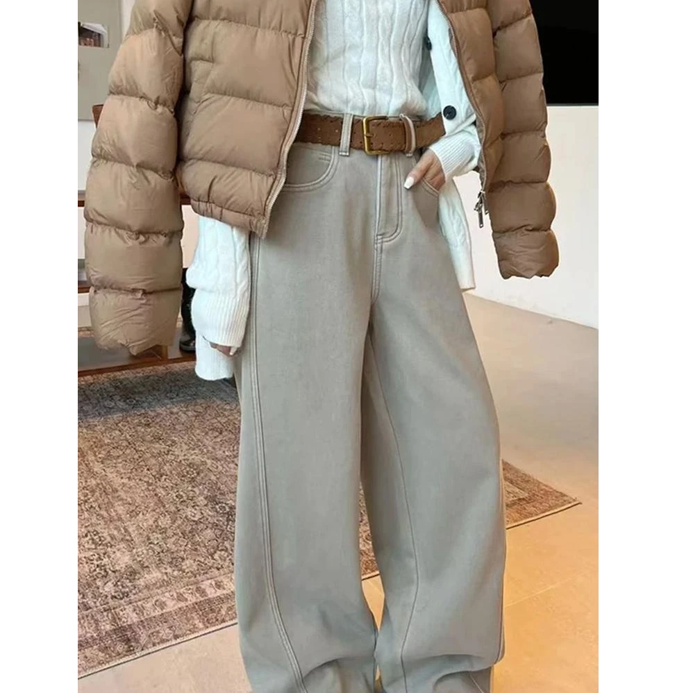 MV同款5889加绒窄版阔腿牛仔裤女韩系高腰百搭休闲直筒弯刀长裤子