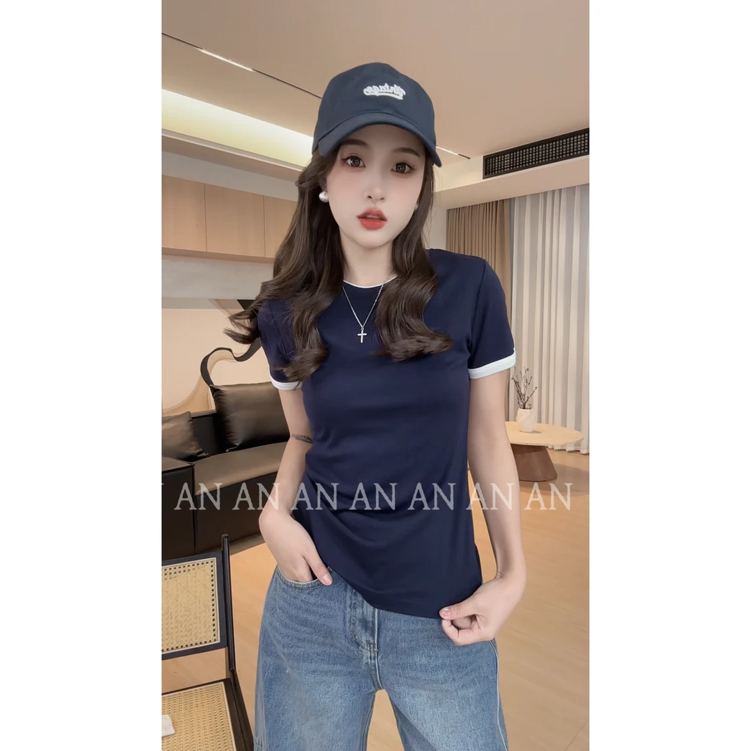 C02094春季新款ins风休闲圆领简约短袖撞色袖T恤