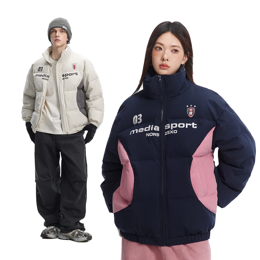 ZEXO冬季美式复古字母图案拼接撞色立领宽松休闲棉服ZE1005