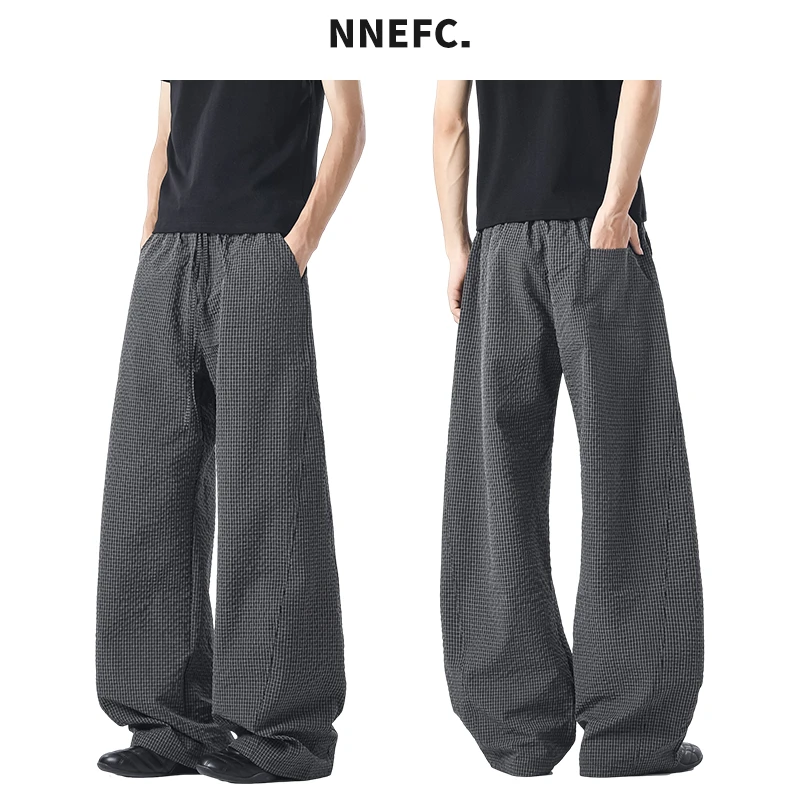 NNEFC老钱风泡泡纱黑色格纹休闲裤男女夏季潮牌百搭弯腿弯刀裤子