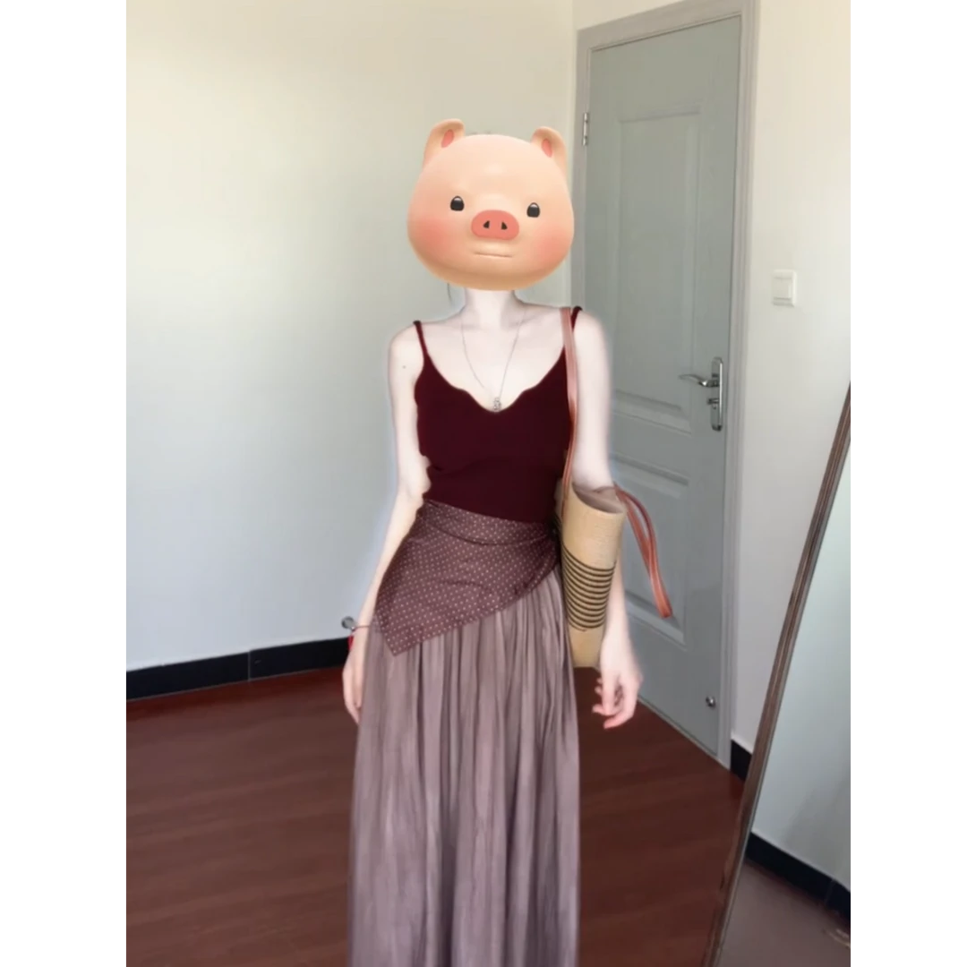 纯欲辣妹吊带背心上衣女夏2025新款设计感褶皱宽松百搭半身裙套装