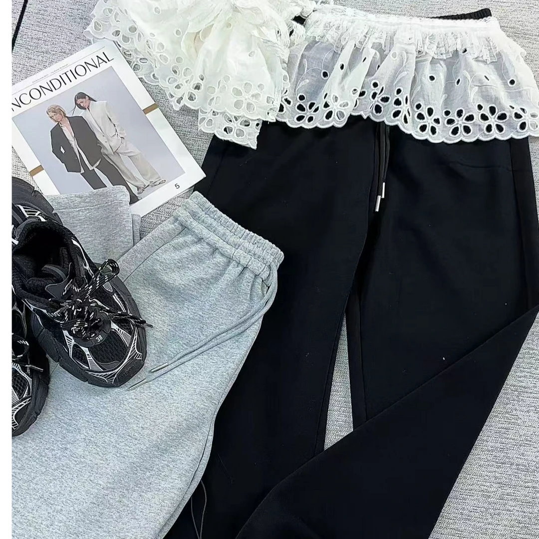 152#蕾丝花边屁帘可拆休闲卫裤女春季新款高腰显瘦抽绳束脚阔腿裤