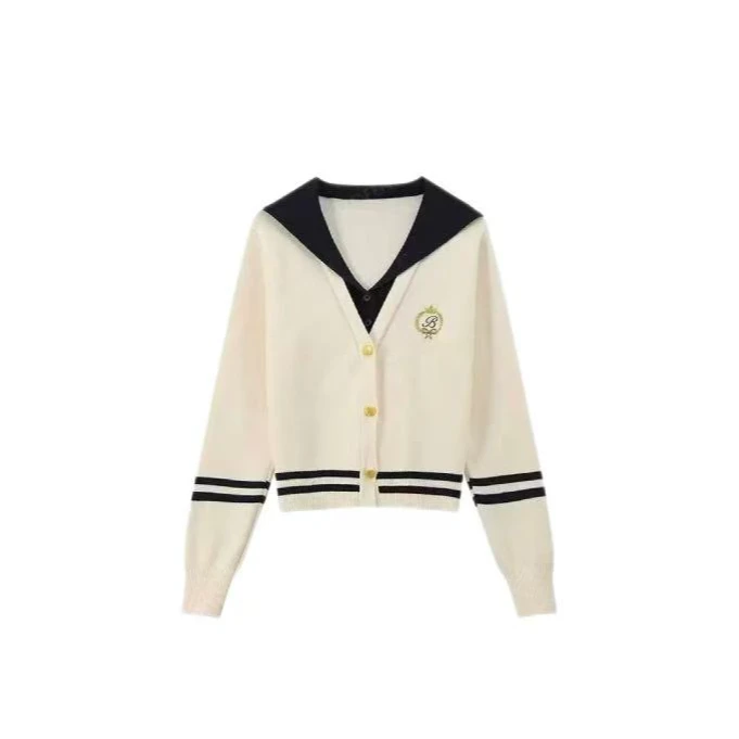 春季新款减龄假两件针织衫开衫女士女装学院风撞色毛衣长袖海军领