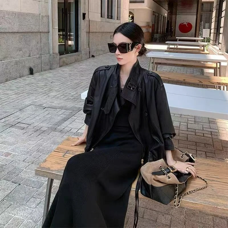 秋季新款黑色机车皮衣外套女装拼接假两件百搭休闲宽松男友风皮衣