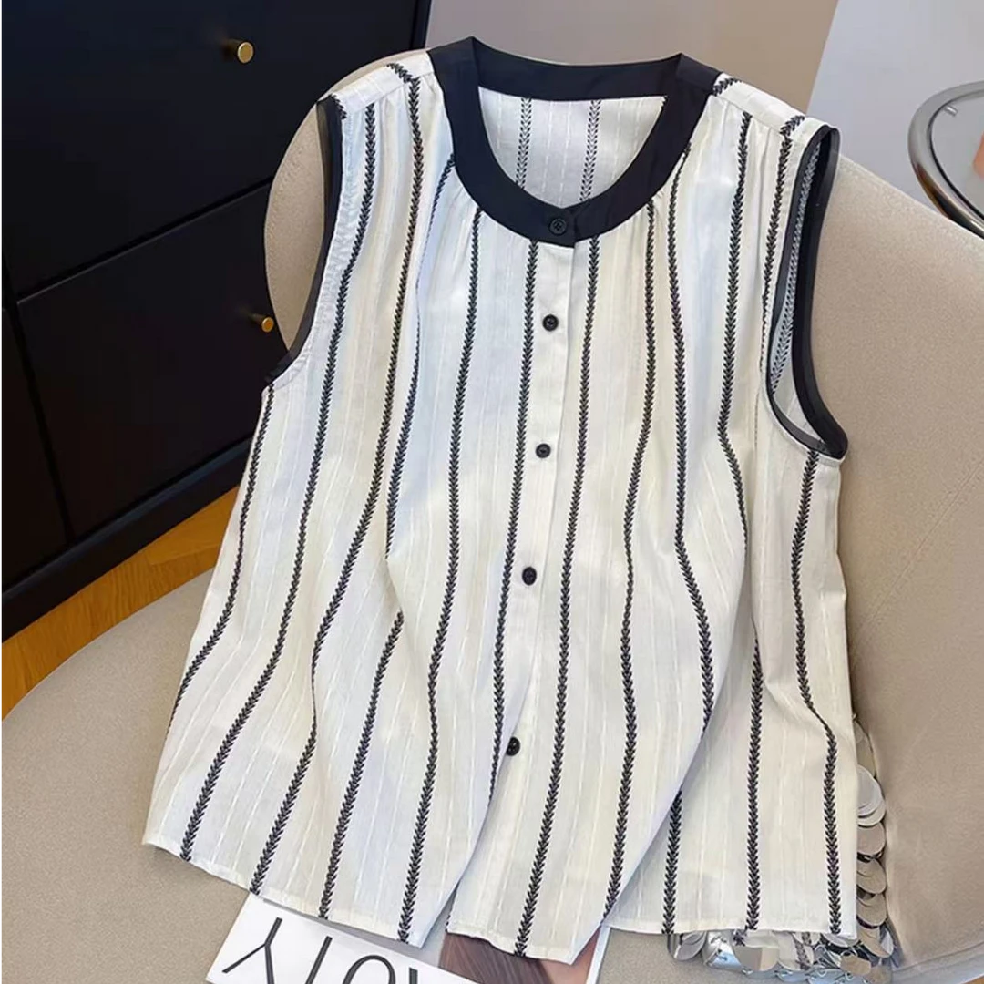 【现货+运险】薄款条纹通勤夏季不褪色无袖衬衫百搭女士复古风上衣
