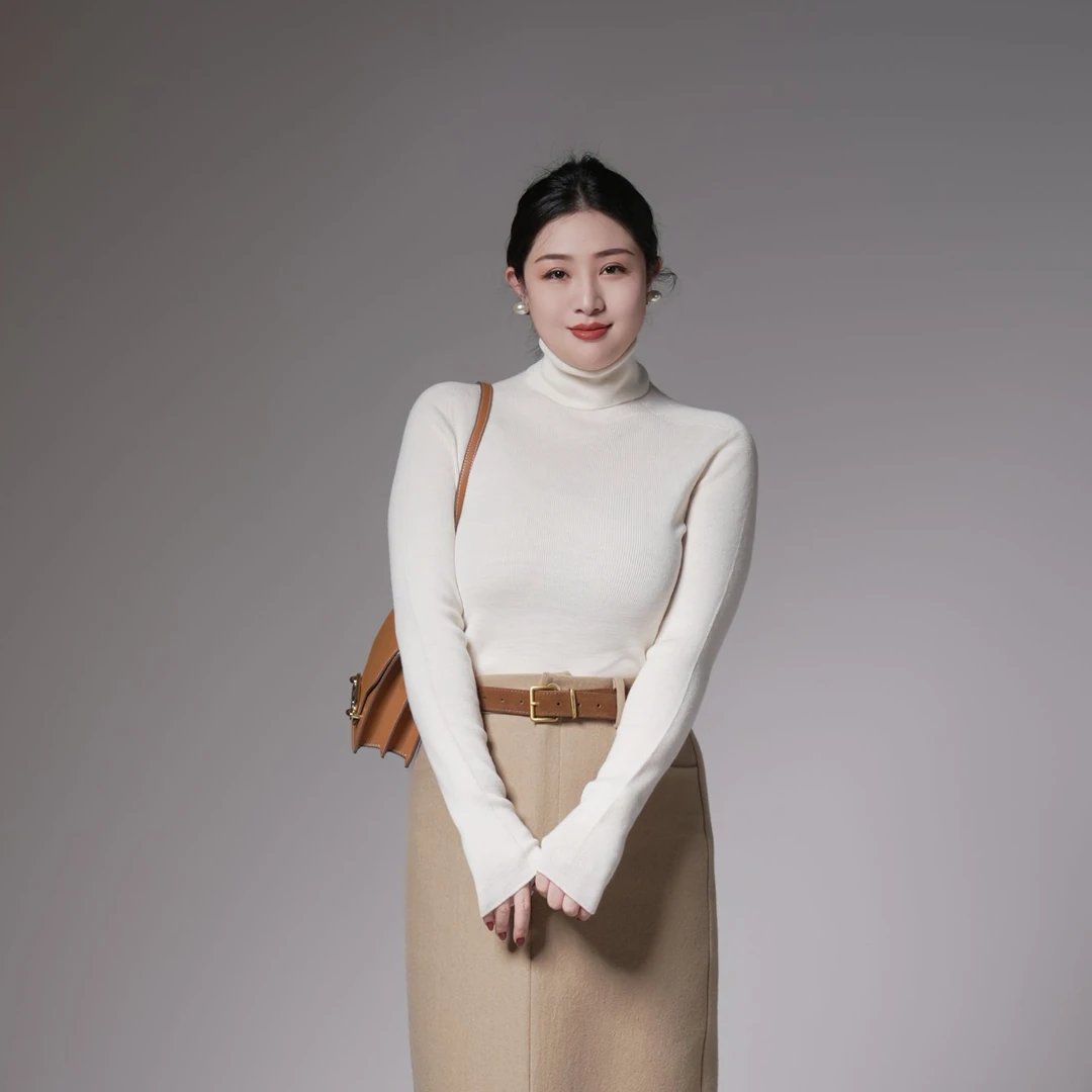 多肉宝贝扬子纱100%美丽诺羊毛高领修身针织衫女上衣2509AL9410