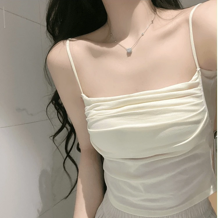 ins高级春夏内搭带胸垫吊带女短款一字领褶皱针织性感背心上衣女