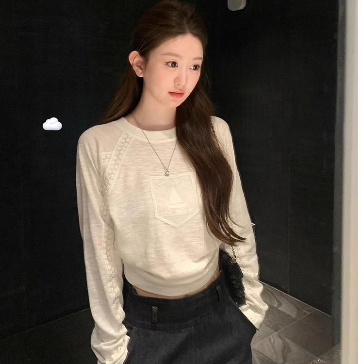 MISU/糜素韩系胖MM百搭松弛感设计感拼接花边蕾丝白色长袖T恤女