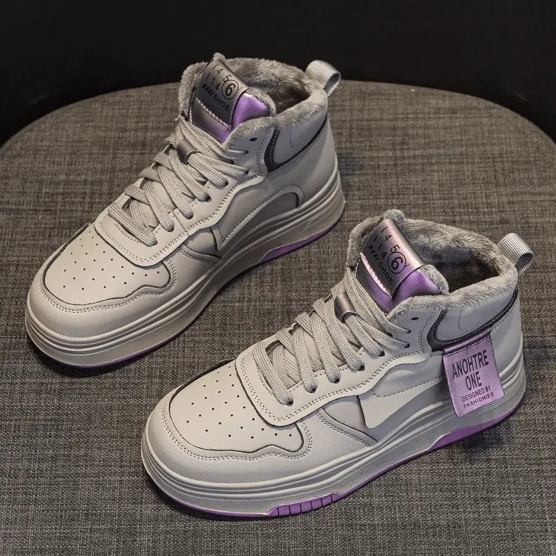 万达撤柜头层牛皮韩版高帮休闲百搭小白鞋女2025秋冬加绒气质百搭