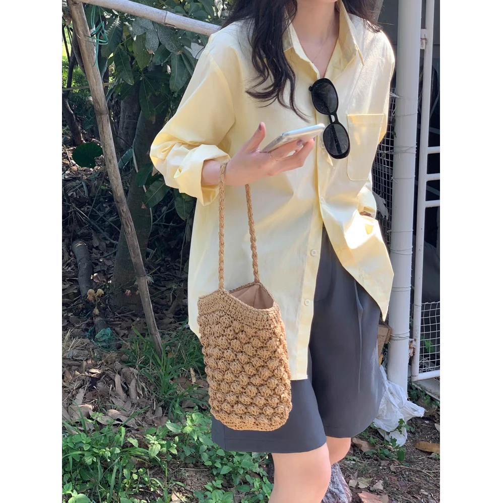 "春日杀手锏"奶黄色显白显瘦长袖衬衫女通勤轻职风叠穿上衣外套