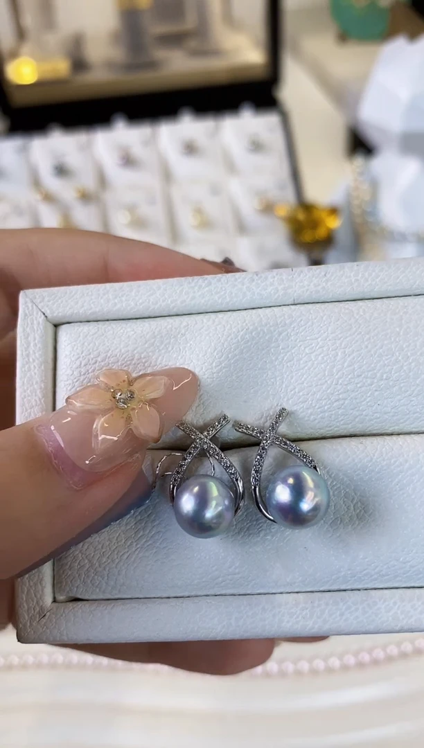 银S925镶嵌耳饰海水珍珠8-9真多麻耳饰