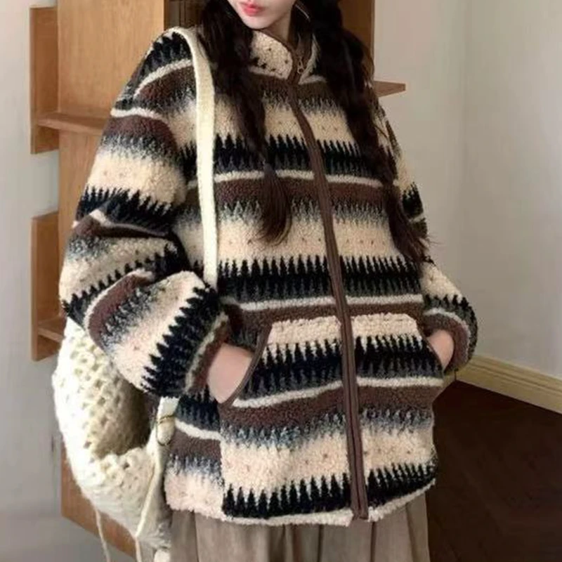 SHALLDOER【条纹萌宠】秋冬费尔岛保暖毛毛外套女氛围感保暖搭子