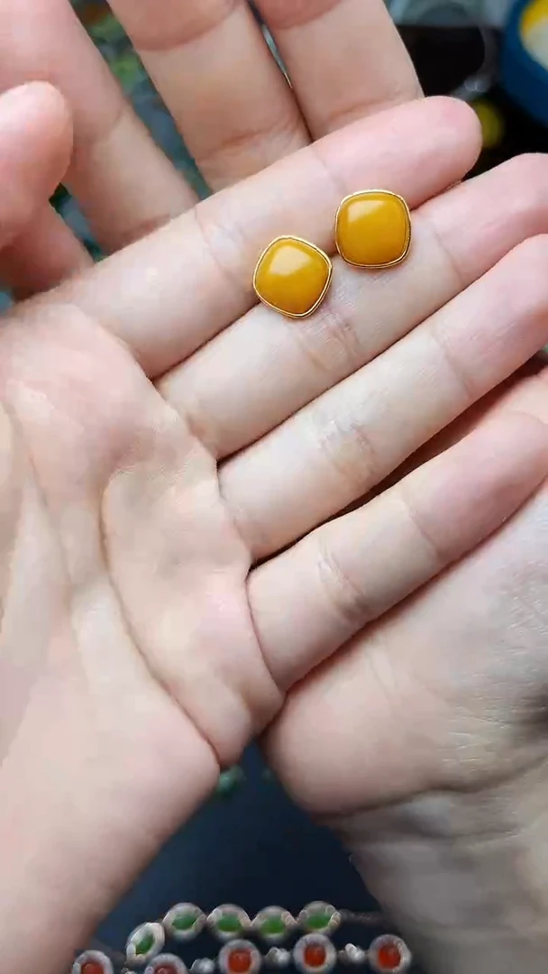 蜜蜡银S925镶嵌耳饰方糖06