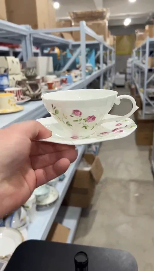杯子骨瓷（简装）玫瑰咖啡杯碟一套+骨瓷咖啡勺