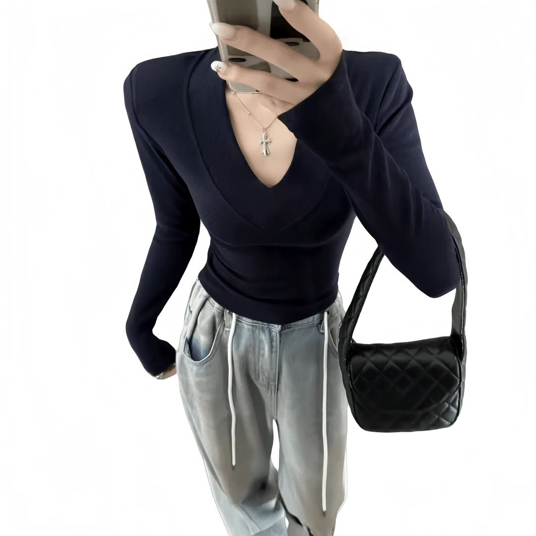 「主播推荐秋季新款」2586款百搭V领垫肩T