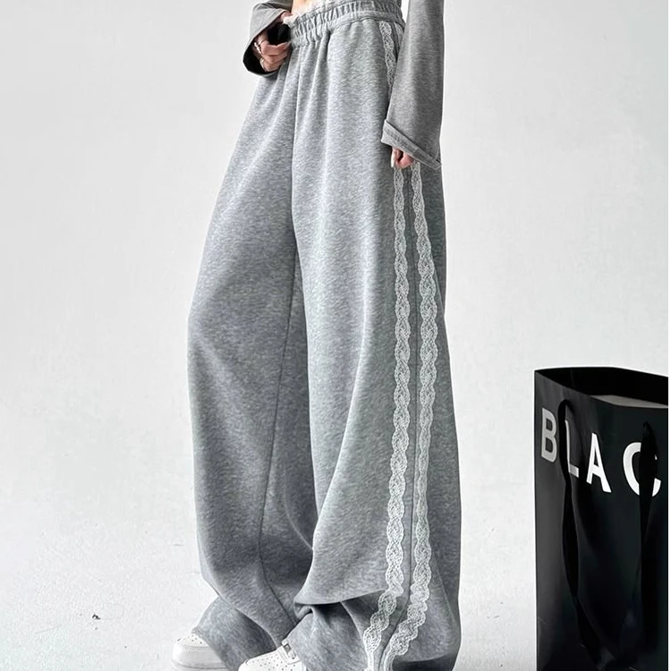 甜酷辣妹休闲裤女春季新款松紧腰拼接蕾丝花边高个子别致阔腿长裤