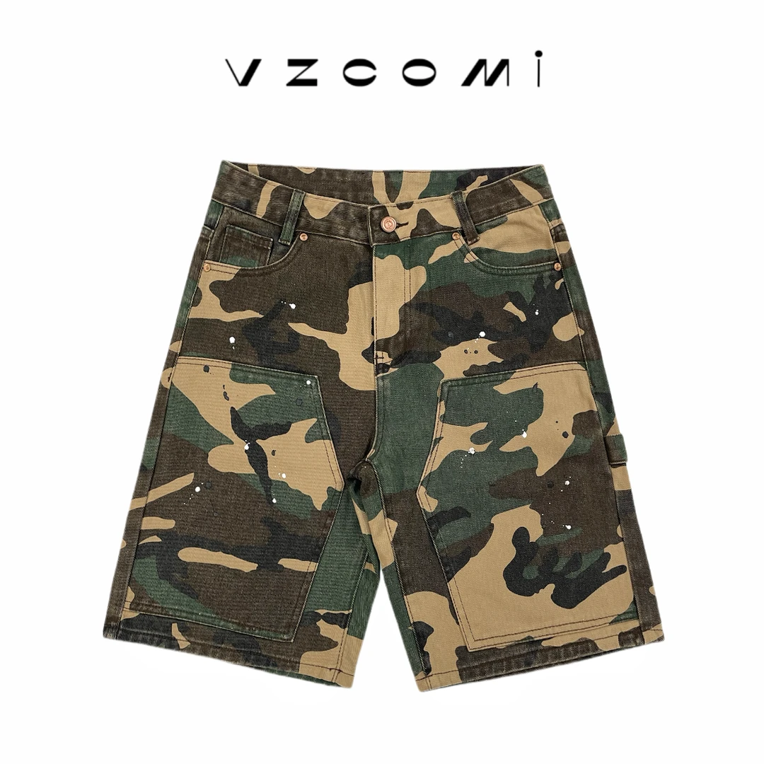 美式工装迷彩牛仔短裤高级泼墨牛仔五分短裤宽松休闲潮牌时尚中裤