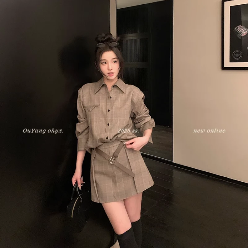 欧阳千鸟格子衬衫女春季新款设计感小众复古衬衫宽松长袖上衣