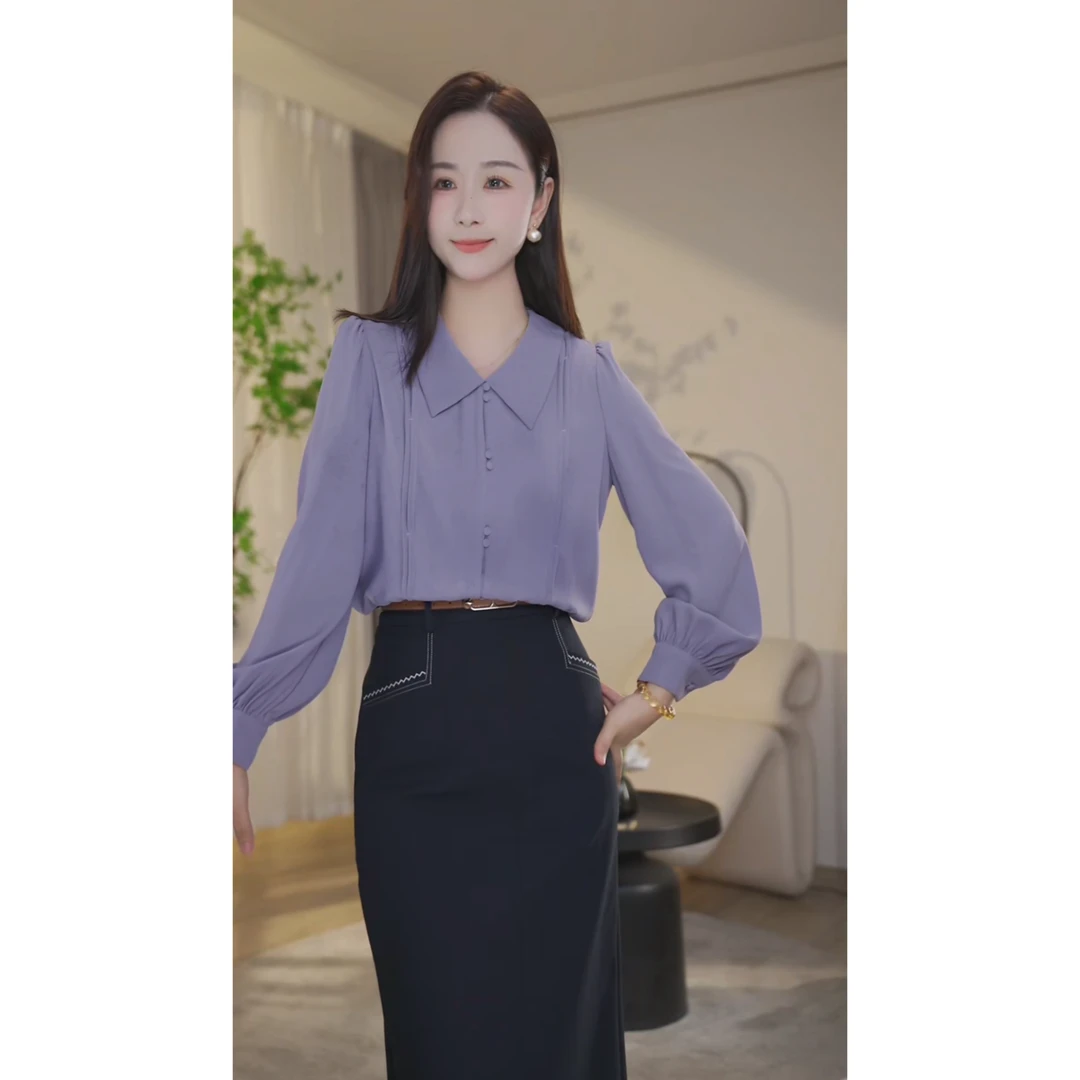 【小北甄选】8491094双色新款衬衫女长袖设计感通勤时尚气质法式