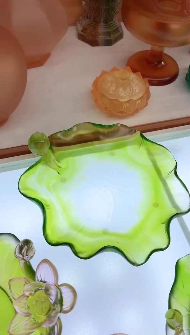 手工艺品琉璃绿色荷叶果盘22公分