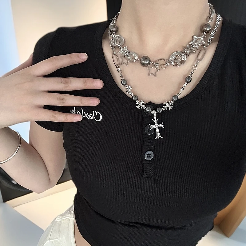 合金陶瓷项链 【组合】纽扣星星项链＋十字架拼接项链复古辣妹高级感