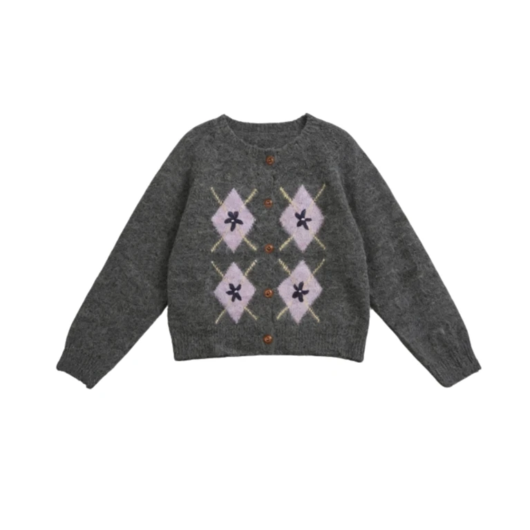 YANXUAN  2026菱形秋冬女款高级保暖圆领针织深灰开衫  C733