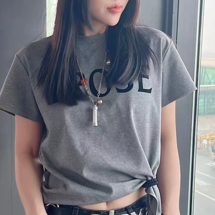 植绒字母灰色套头T恤