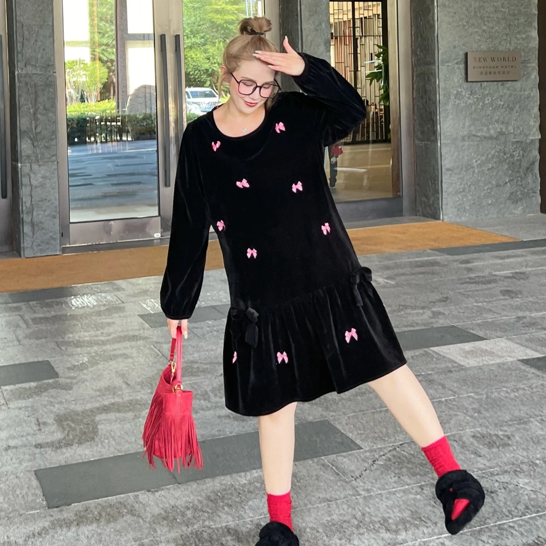 媛子大码法式蝴蝶结丝绒裙2025秋季新款甜美减龄胖mm高级感女装