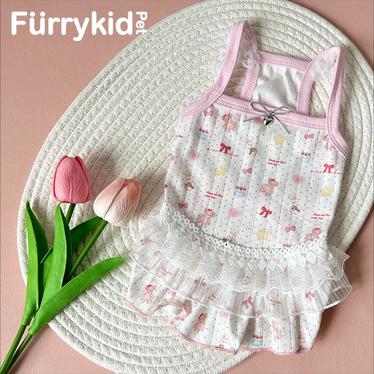 【新款】春秋款狗狗猫咪衣服可爱小熊印花蝴蝶结蕾丝边小型犬裙子