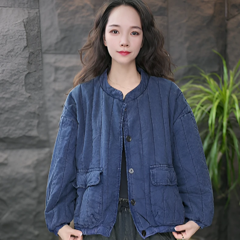 JJ【加棉】纯色常规长袖保暖宽松型棉衣棉服时尚加绒棉袄立领文艺